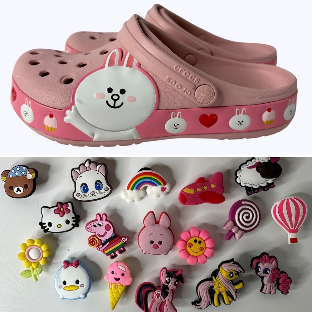 Crocs Line Friends‎ Beach Pink Clog Sandals Unisex  M5/W7 with Button Charms